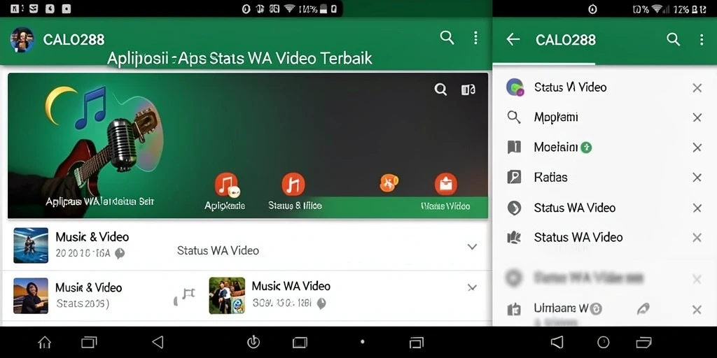 Tampilan antarmuka aplikasi CALO288 untuk Status WA Video yang menarik.